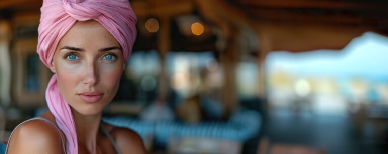 Close-up of a woman with a pink turban, blue eyes, and natural b Huile d'argan à la cannelle
